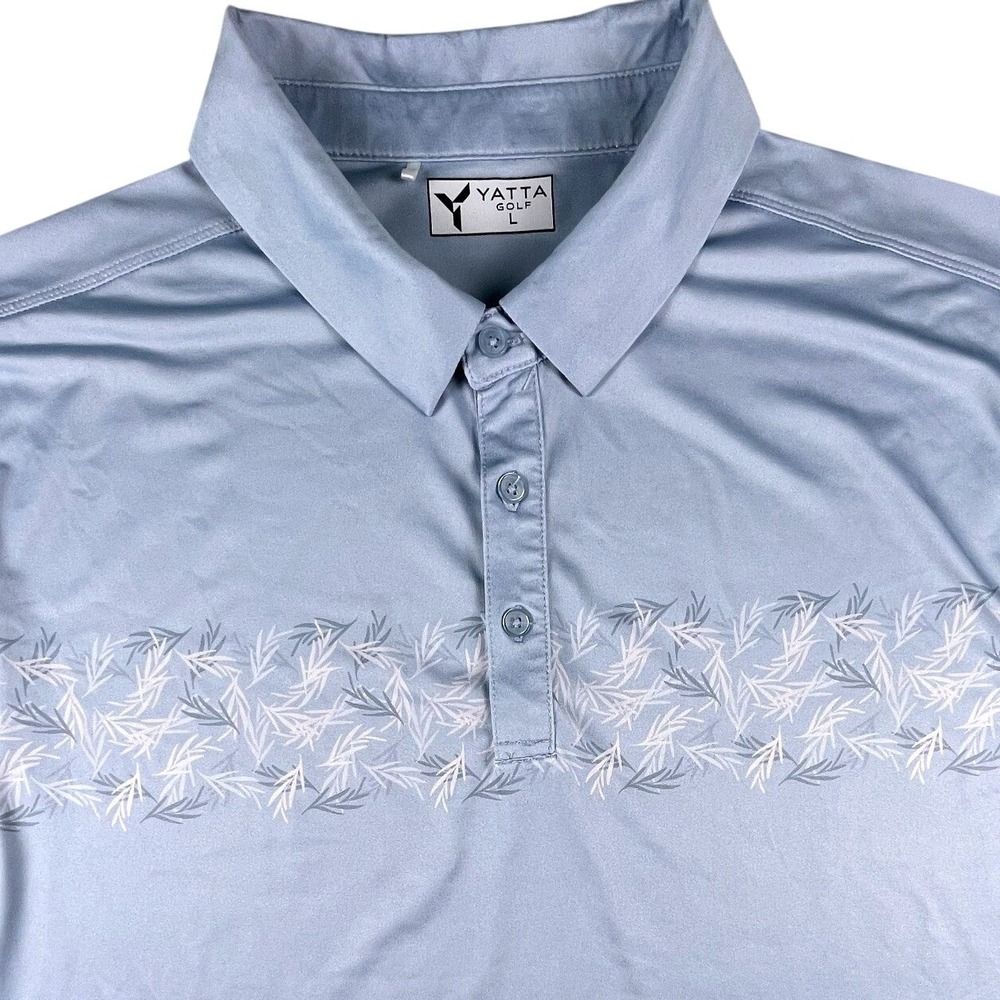 Yatta Golf Polo Shirt Mens L Blue Leaf Print Performance Short Sleeve Stretch